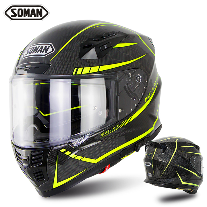 Full Face Helmet-Carbon Fiber with Chrome Double Lens Capacetes Casco SOMAN X7 Fluorescent Yellow Freelander