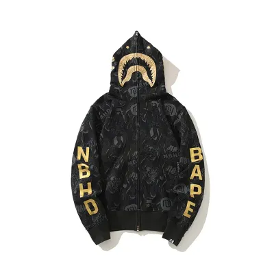 OBO  BAPE x NBHD Skull Black And Gold Hoodie 01