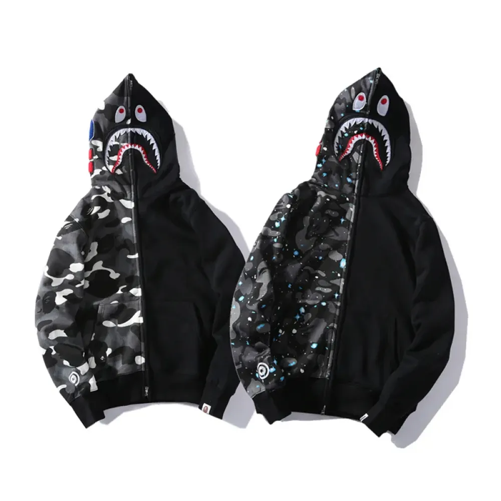 OBO BAPE Space Camo Shark WGM Full-Zip Spliced Hoodie Black & White