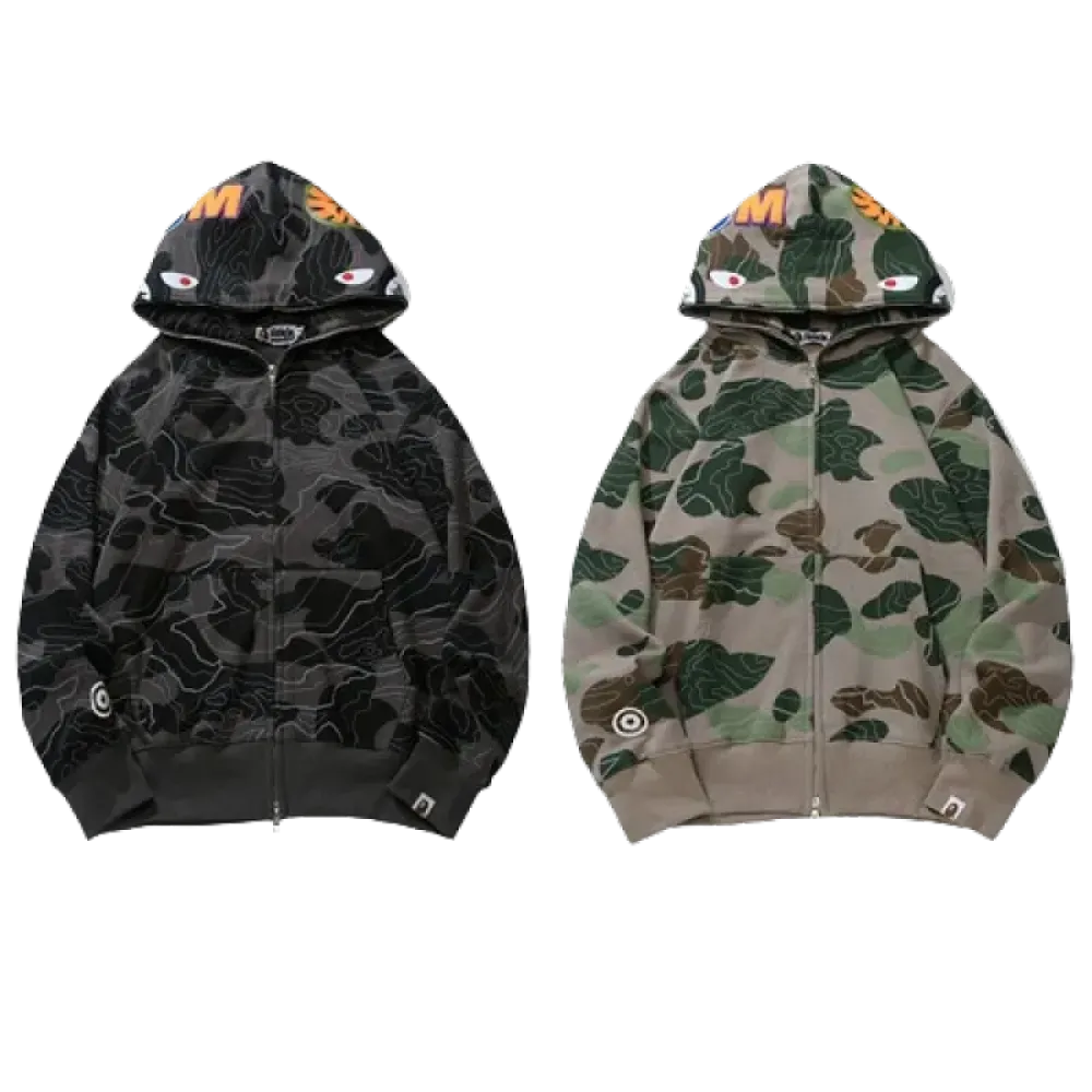 OBO   BAPE Layered Line Camo Shark Full Zip Hoodie Black & Beige