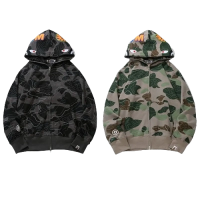 OBO   BAPE Layered Line Camo Shark Full Zip Hoodie Black & Beige 01