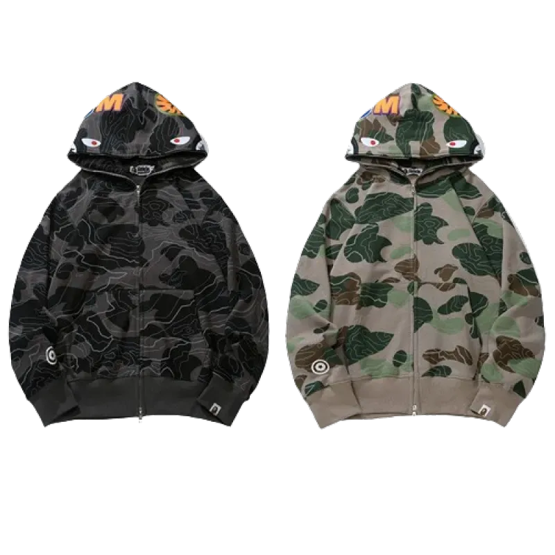 OBO   BAPE Layered Line Camo Shark Full Zip Hoodie Black & Beige