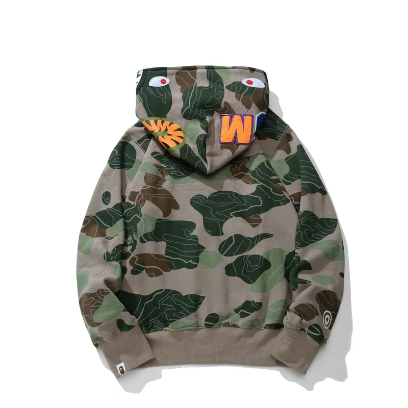 OBOBAPE Layered Line Camo Shark Full Zip Hoodie Black & Beige