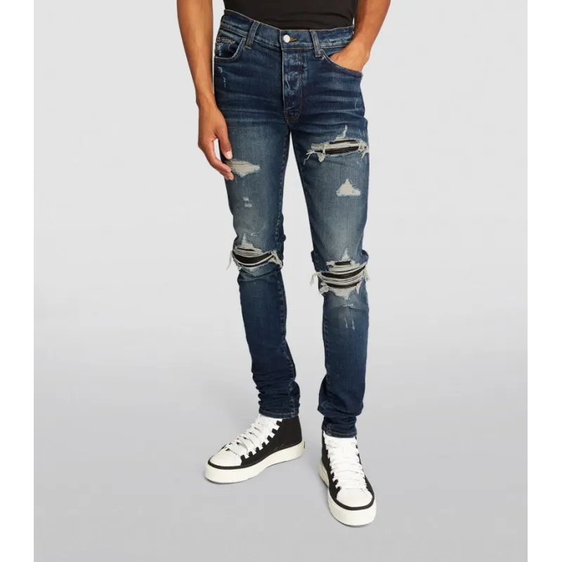 OBO AMIRI Stonewashed Distressed Slim Cut Jeans Deep Classic Blue