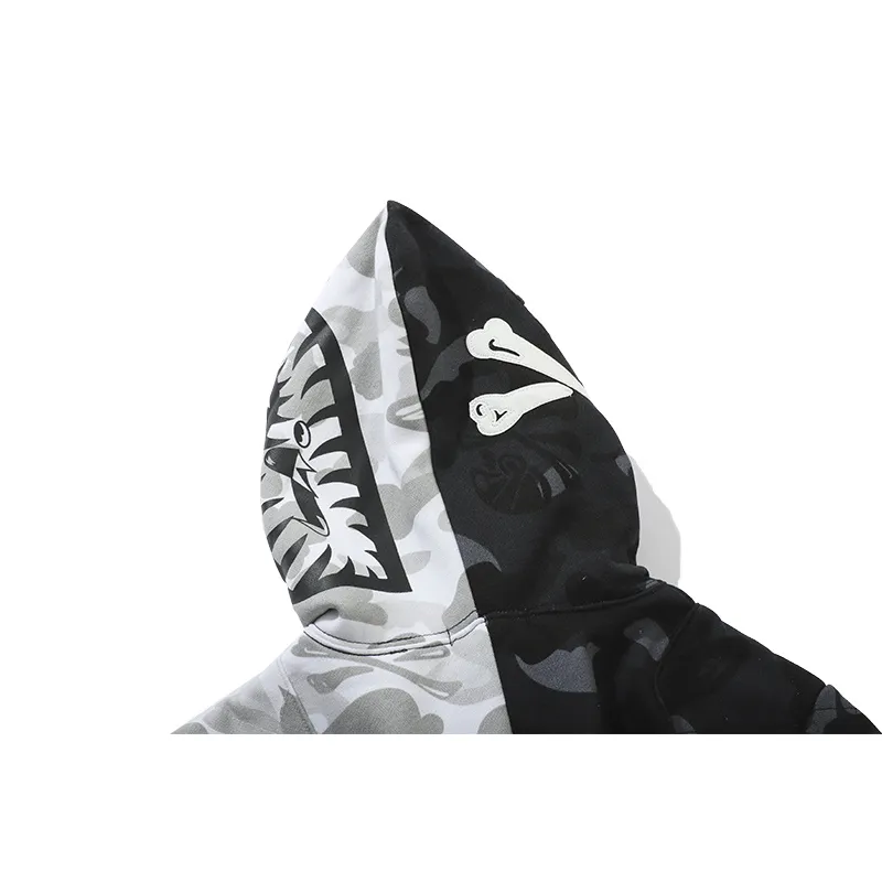 OBO BAPE Skull Dark Black And White Color Matching Hoodie