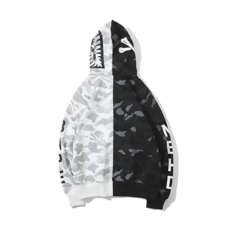OBO BAPE Skull Dark Black And White Color Matching Hoodie