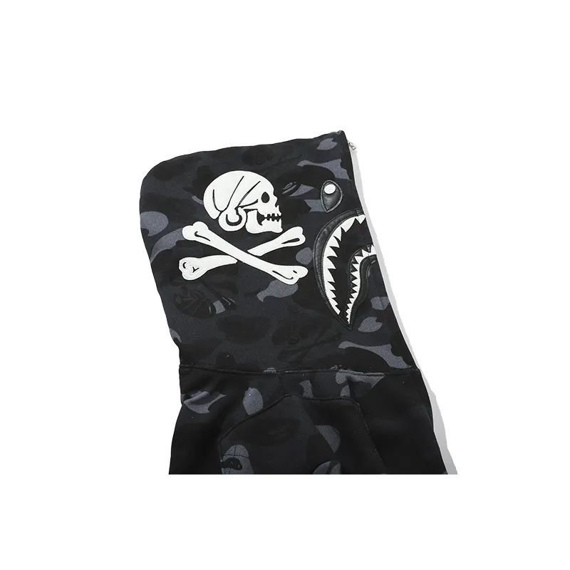 OBO BAPE Skull Dark Black And White Color Matching Hoodie