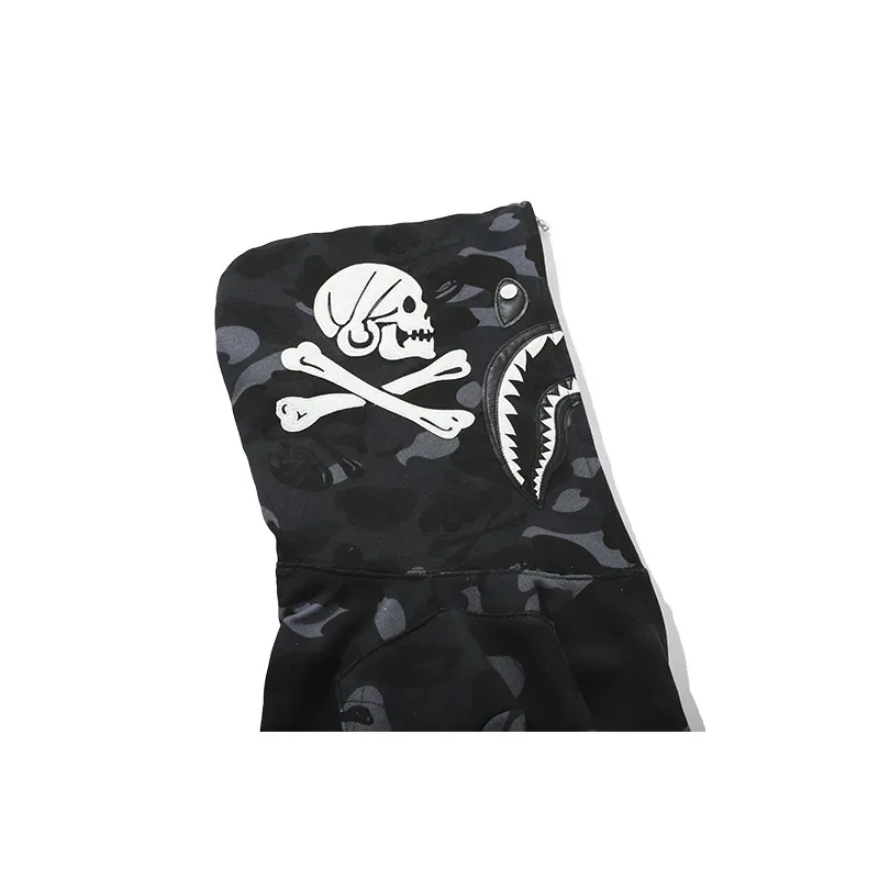 OBO BAPE Skull Dark Black And White Color Matching Hoodie