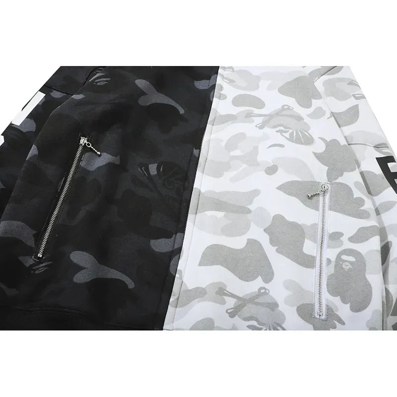 OBO BAPE Skull Dark Black And White Color Matching Hoodie