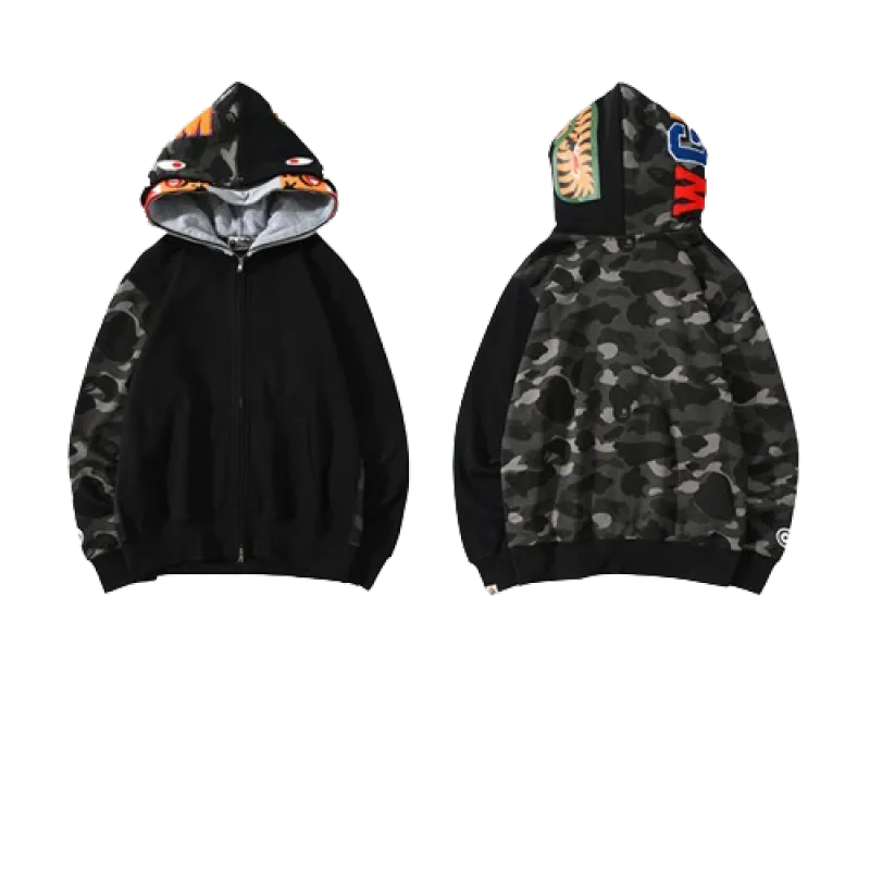 OBO BAPE Tiger Head Double Hood Camouflage Patchwork Hoodie