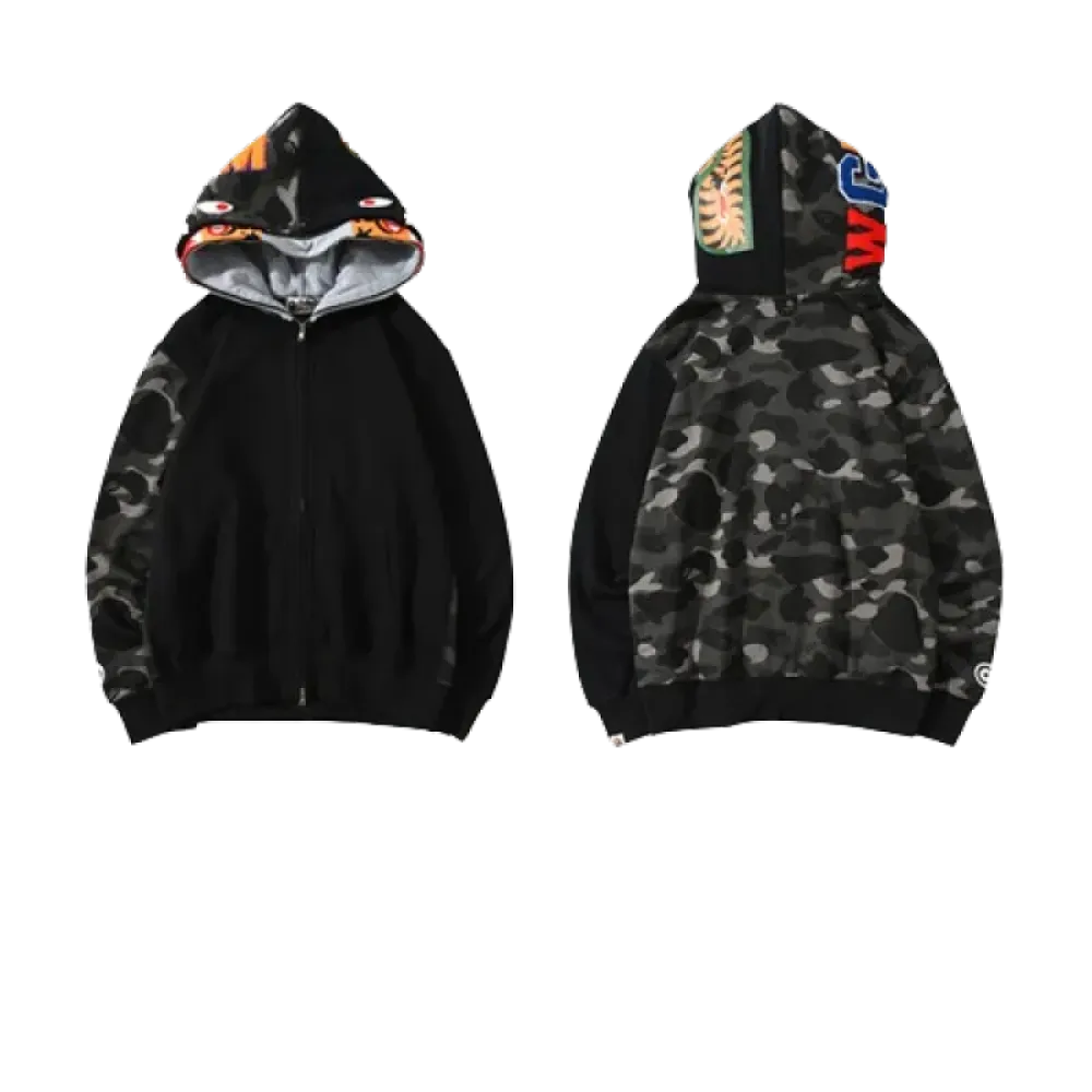 OBO BAPE Tiger Head Double Hood Camouflage Patchwork Hoodie