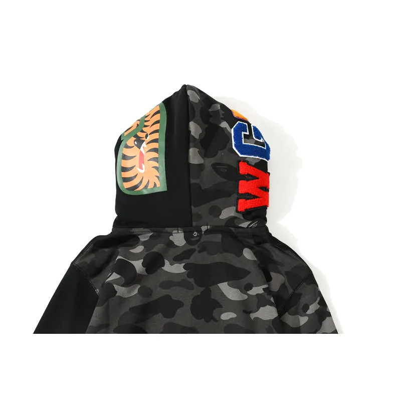 OBO BAPE Tiger Head Double Hood Camouflage Patchwork Hoodie