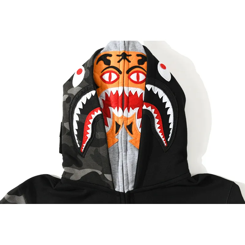 OBO BAPE Tiger Head Double Hood Camouflage Patchwork Hoodie