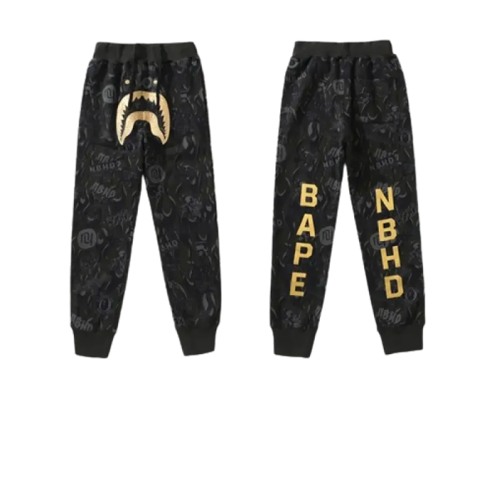 OBO BAPE x NBHD Joint Style Shark Head Black And Gold Trousers