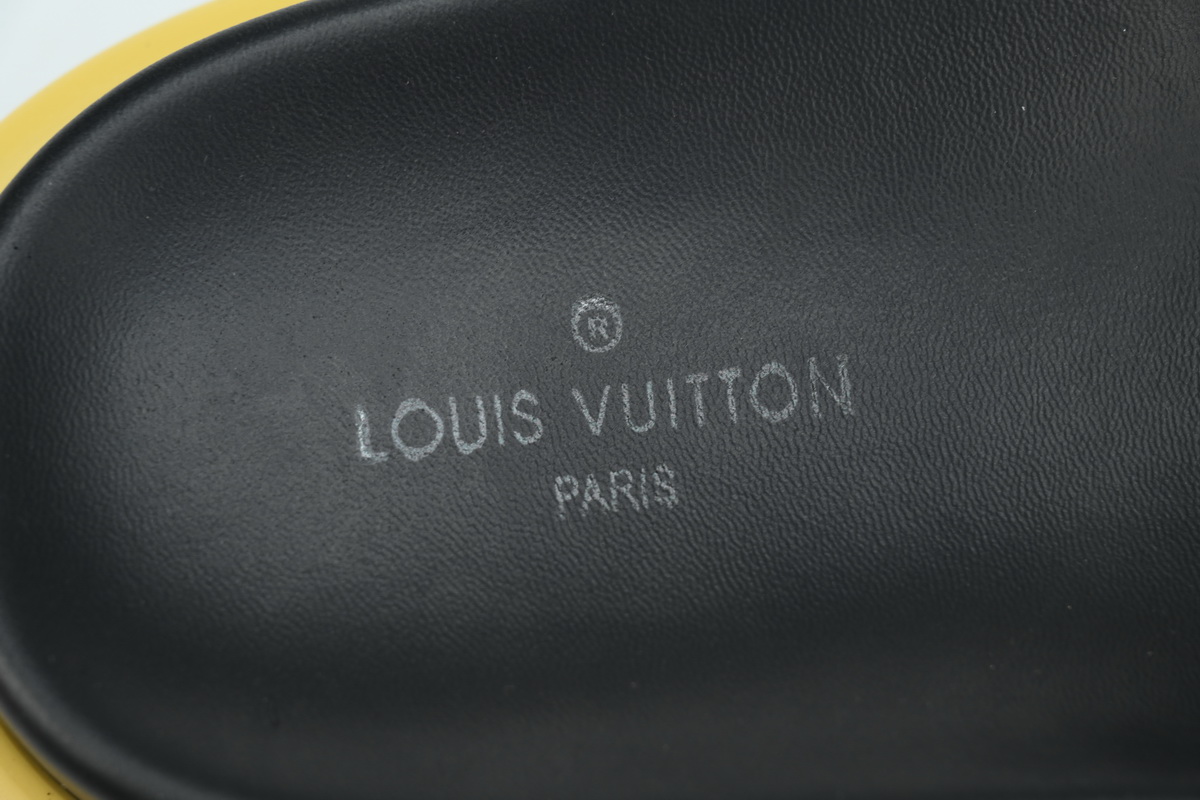 l**is V*t*n pool pillow flat comfort mule black and grey metal label