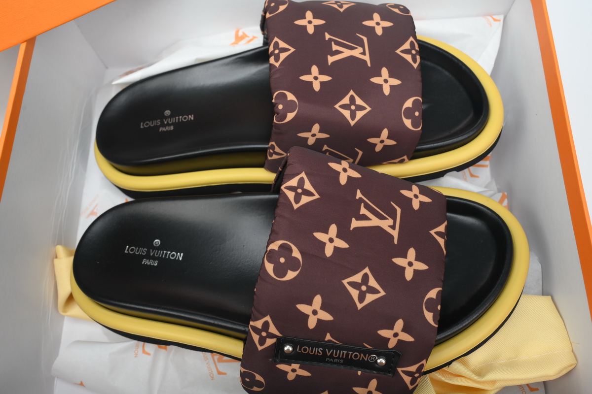 l**is V*t*n pool pillow flat comfort mule black label  brown