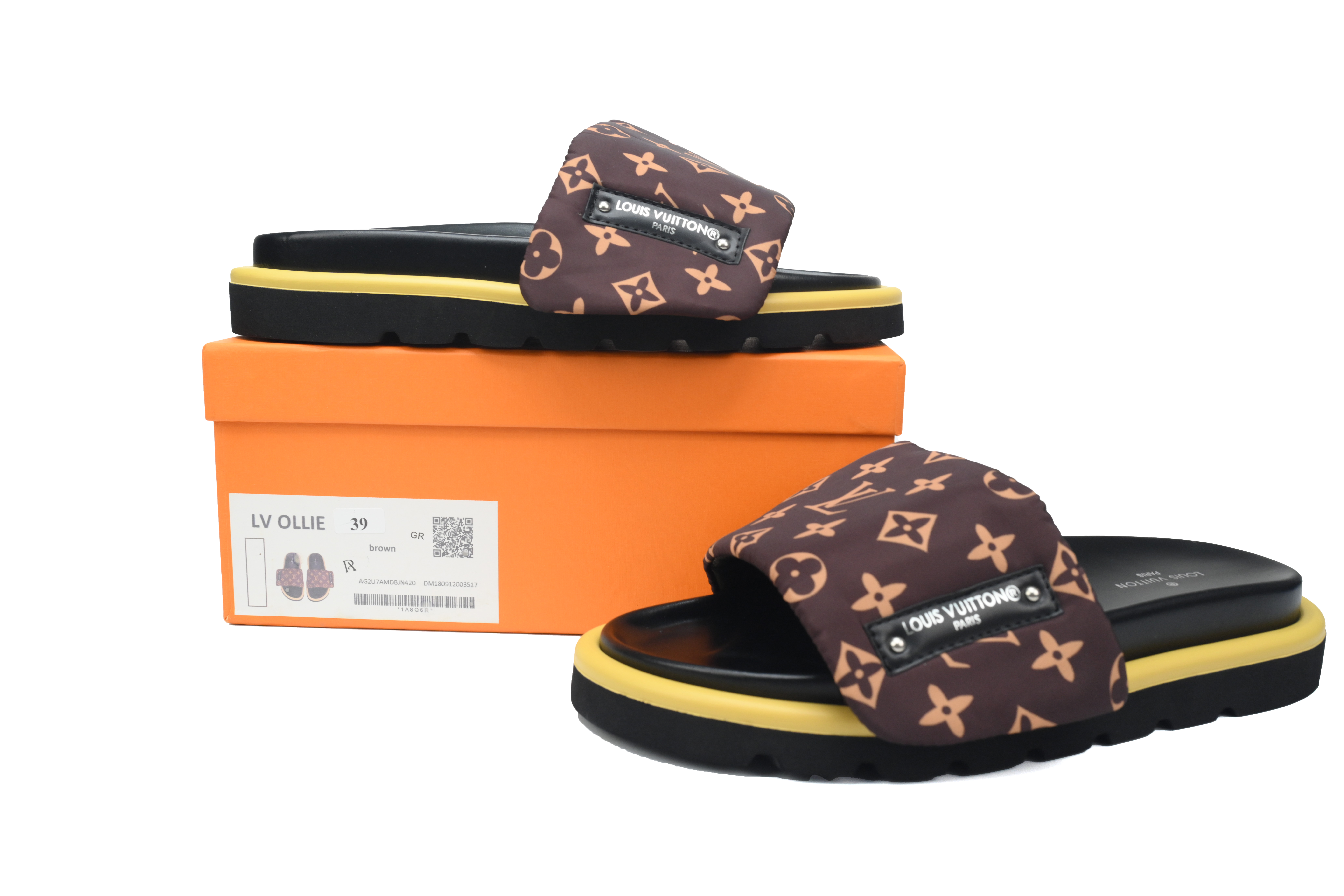 l**is V*t*n pool pillow flat comfort mule black label  brown