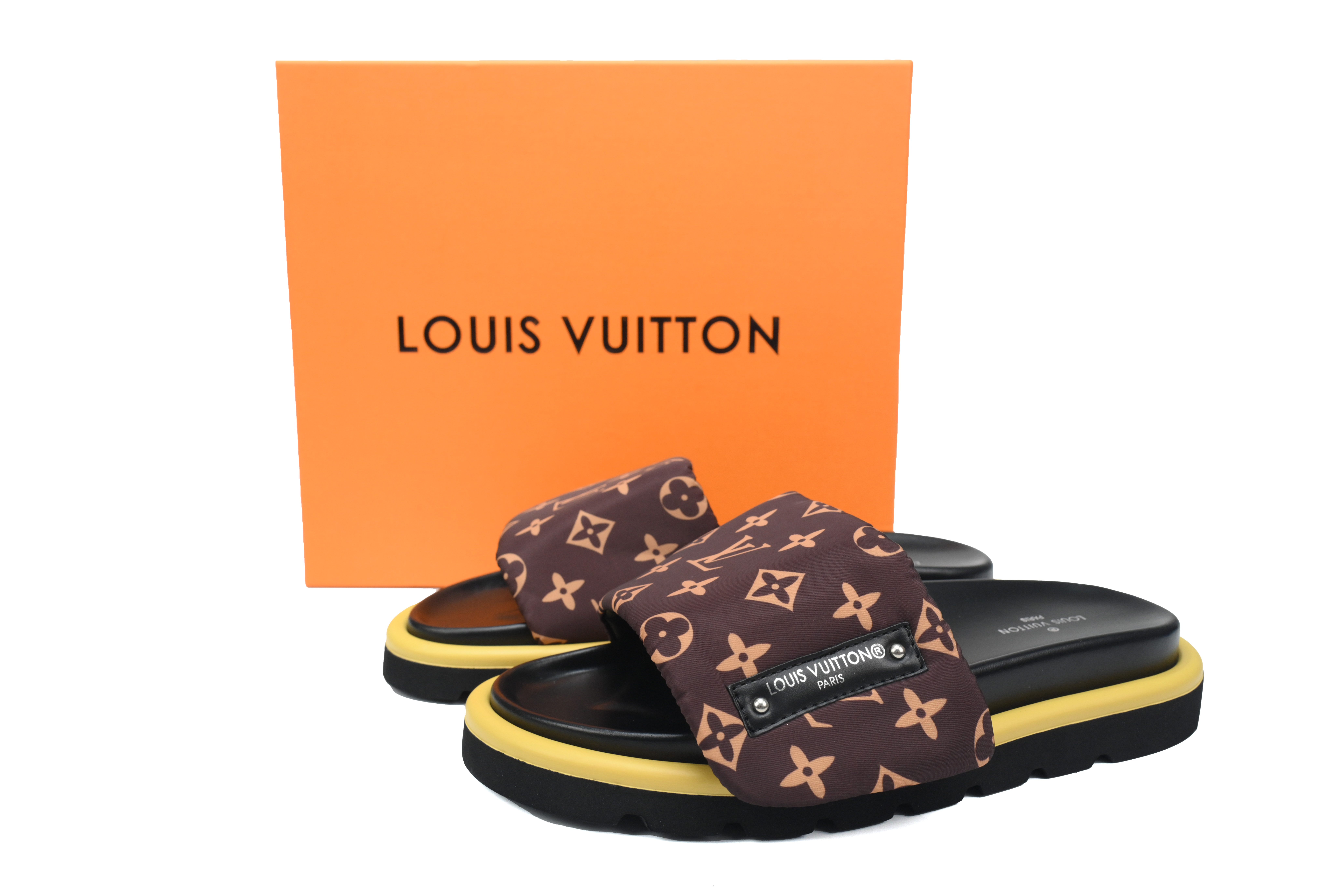 l**is V*t*n pool pillow flat comfort mule black label  brown