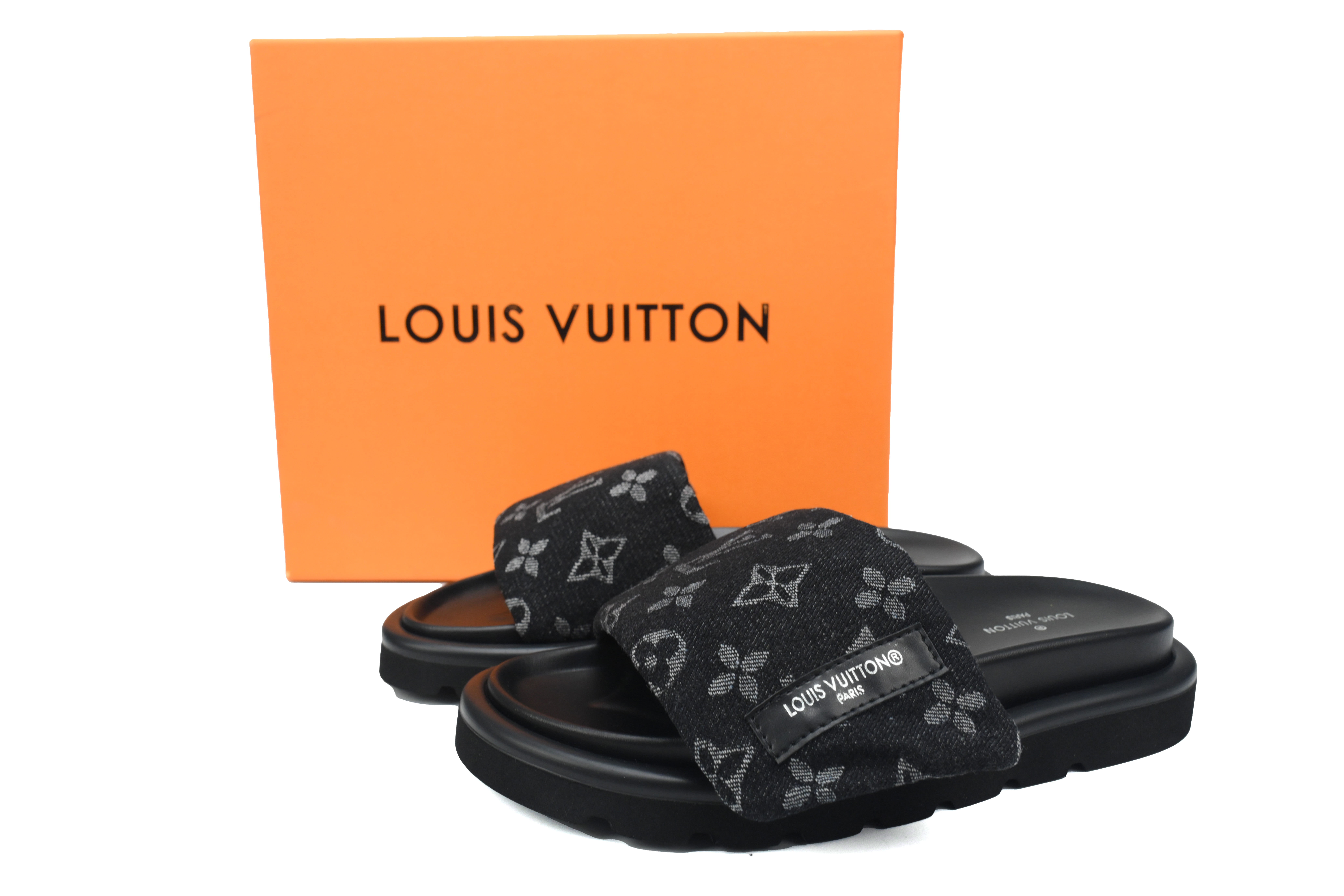 l**is V*t*n pool pillow flat comfort mule black label denim