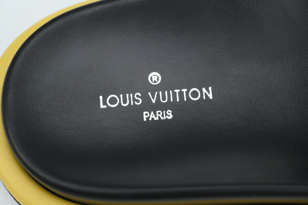 l**is V*t*n pool pillow flat comfort mule metal label brown