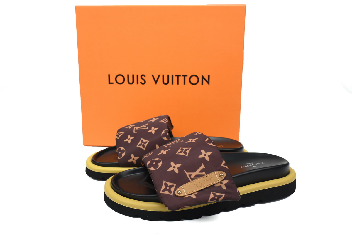 l**is V*t*n pool pillow flat comfort mule yellow label brown