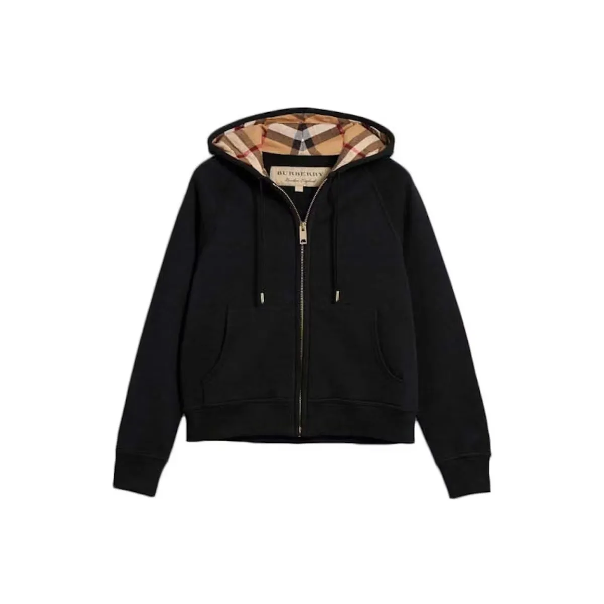Burberry Zip Up Hoodie With Check Hood Black Archive Beige