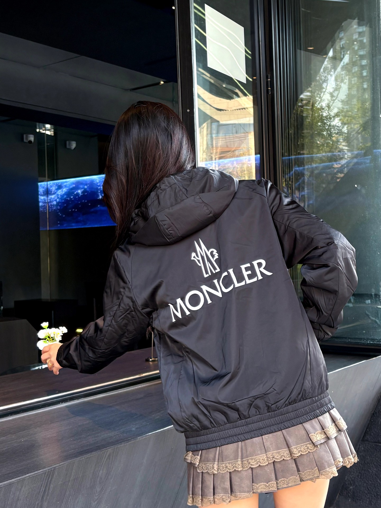 Moncler Cotton Hooded Jacket With Front And Rear Lettering Logo Black