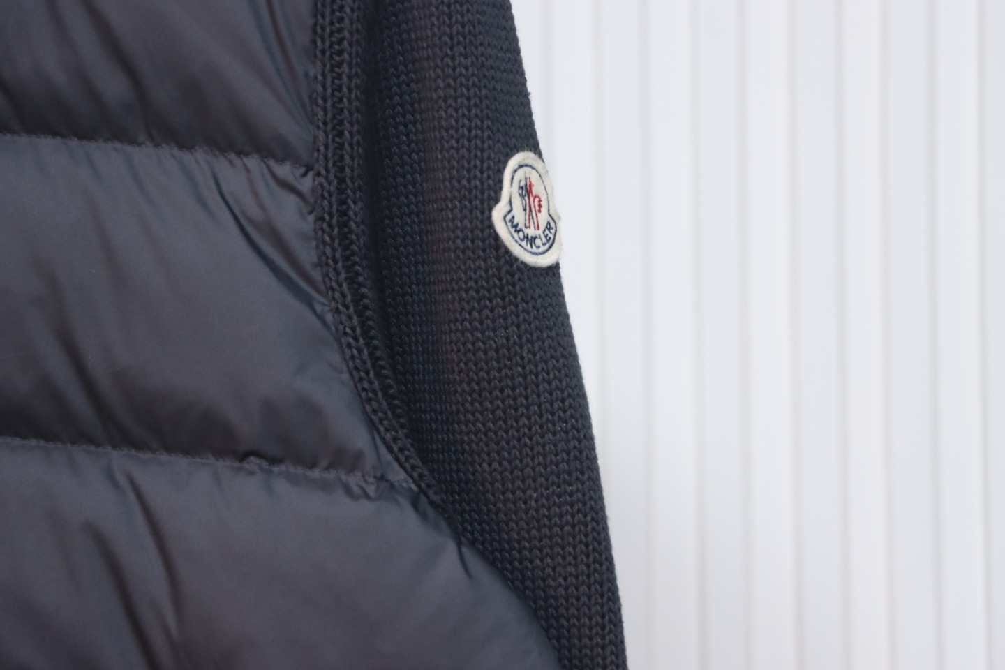 Moncler Spliced Woolen Sleeves Stand Collar Thin Down Jacket Blue