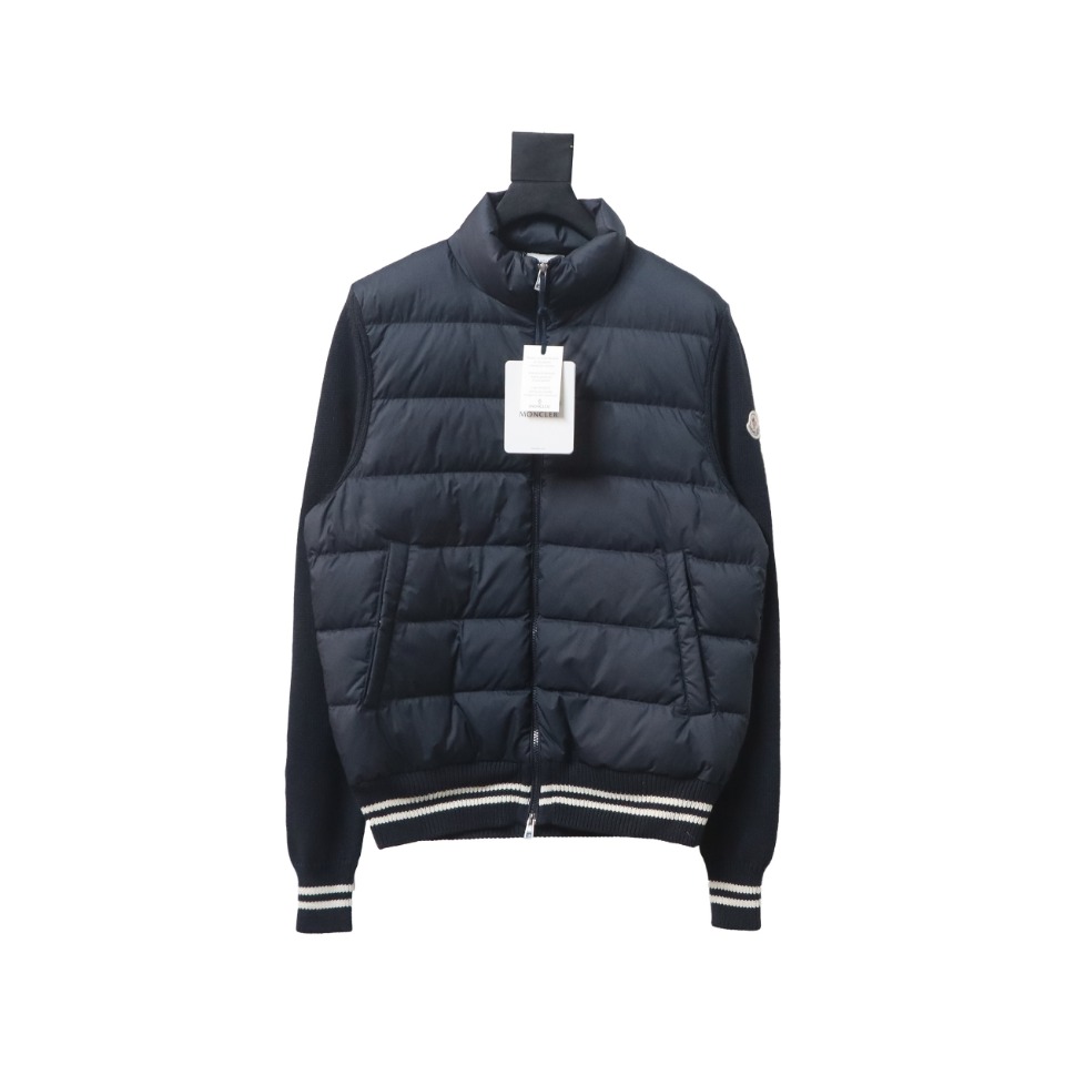Moncler Spliced ​​Woolen Sleeves Stand Collar Thin Down Jacket Blue