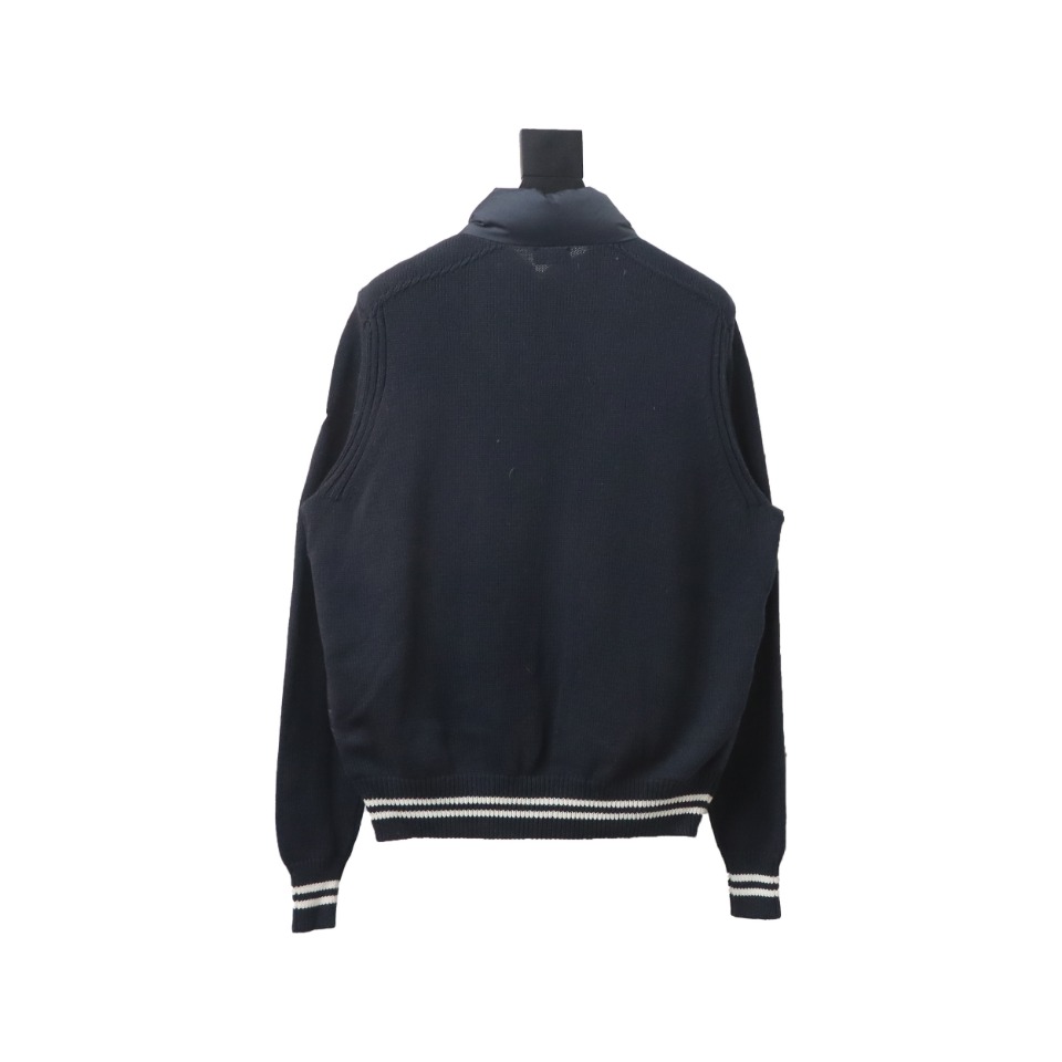 Moncler Spliced Woolen Sleeves Stand Collar Thin Down Jacket Blue
