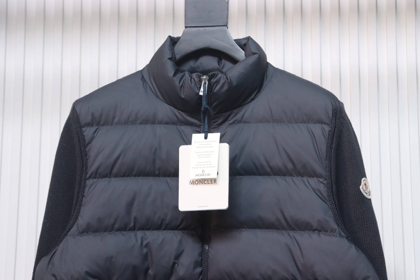 Moncler Spliced Woolen Sleeves Stand Collar Thin Down Jacket Blue