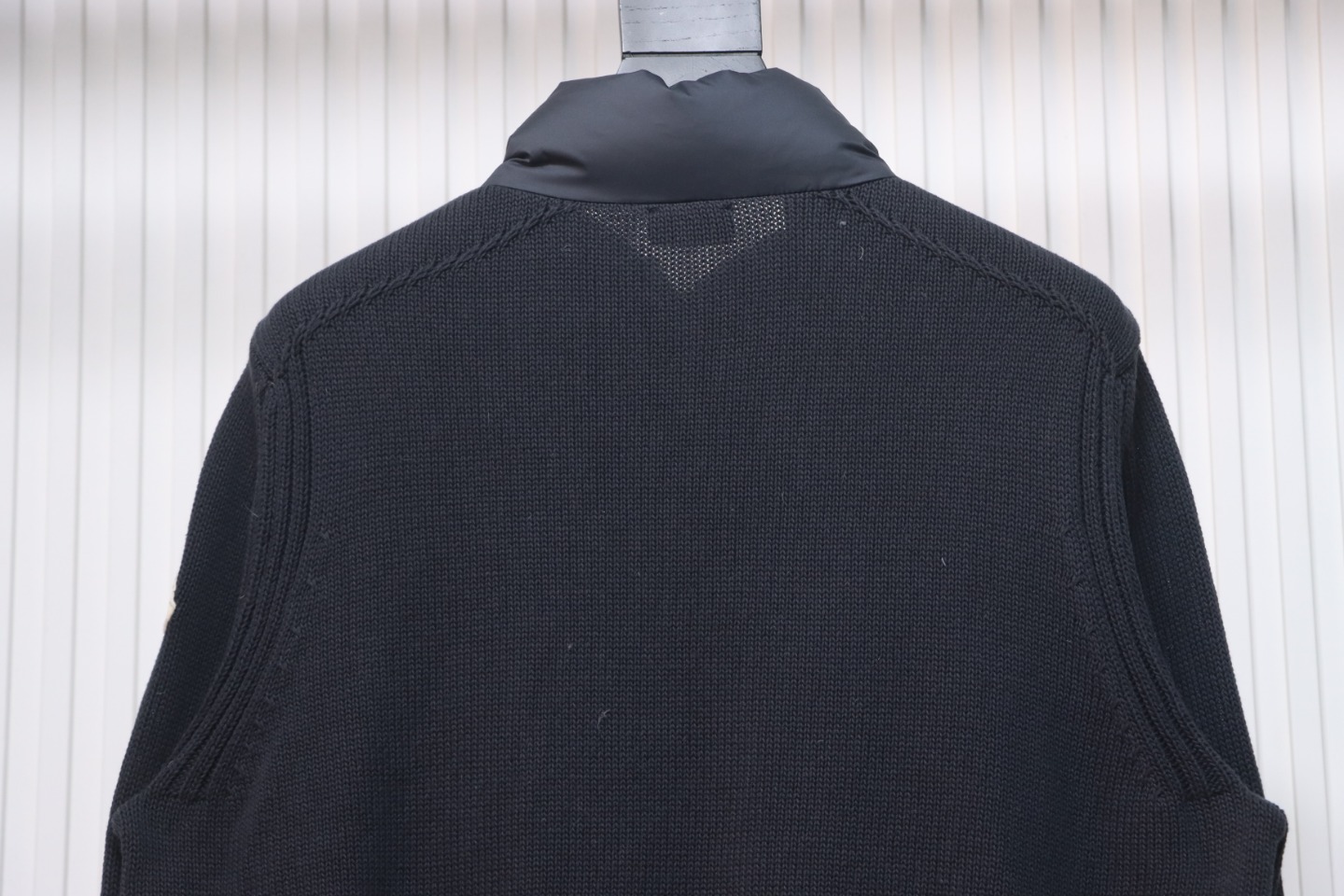 Moncler Spliced Woolen Sleeves Stand Collar Thin Down Jacket Blue