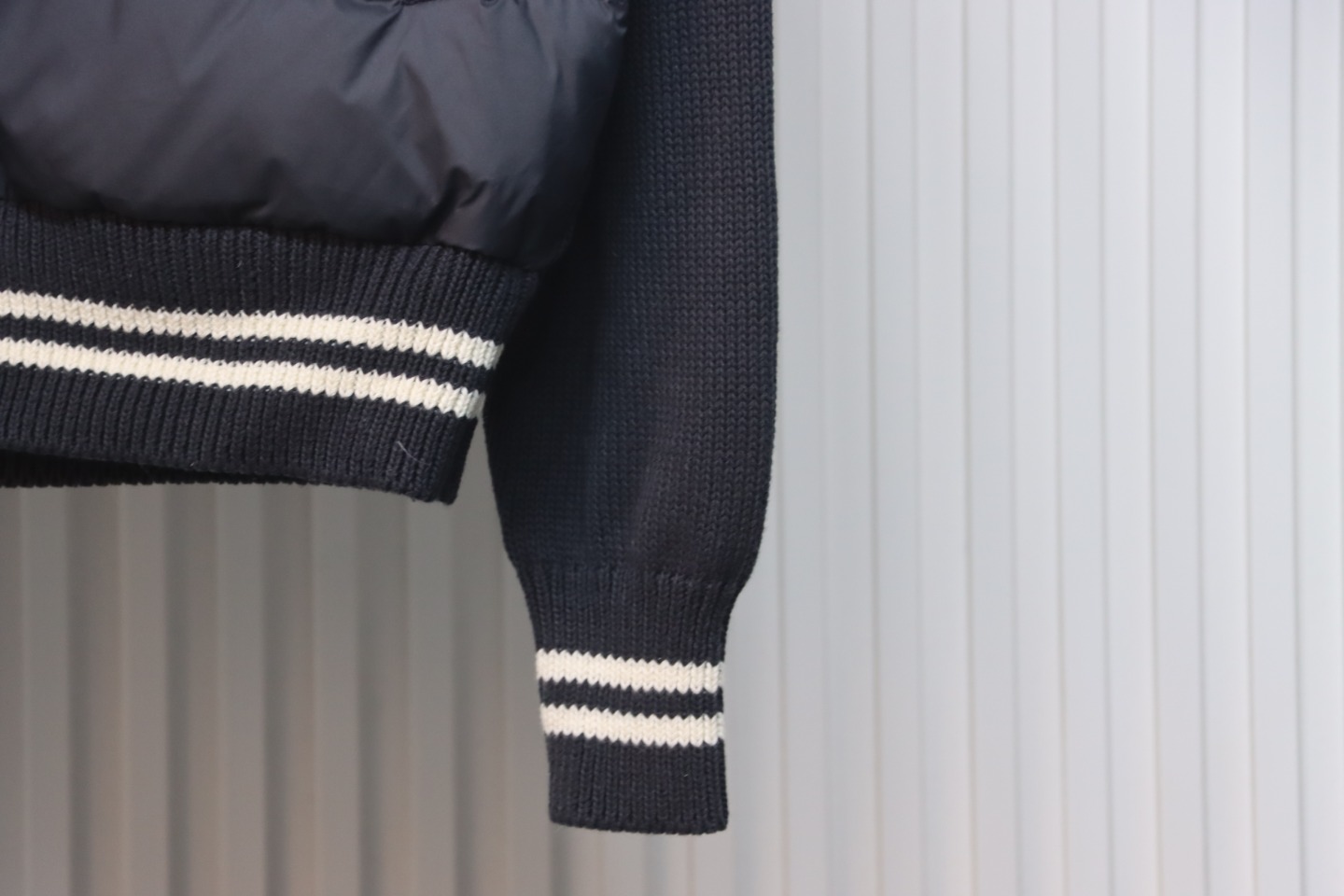 Moncler Spliced Woolen Sleeves Stand Collar Thin Down Jacket Blue