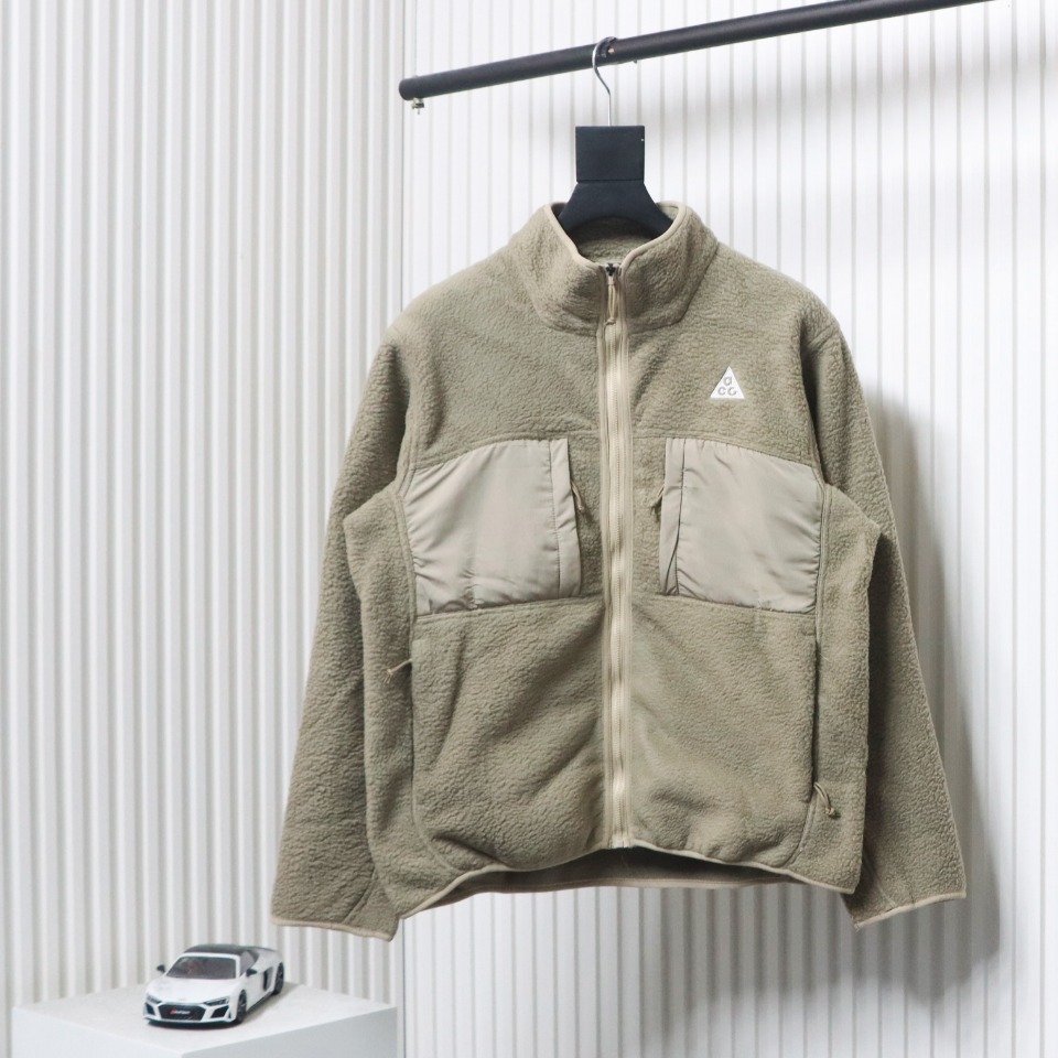ACG Embroidered Logo Zipper Pocket Polar Fleece Jacket Khaki
