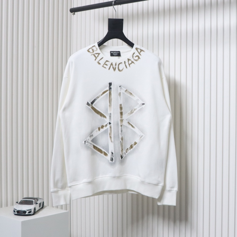 Ba*len*cia*ga 24fw hand-painted double b round neck sweatshirt white