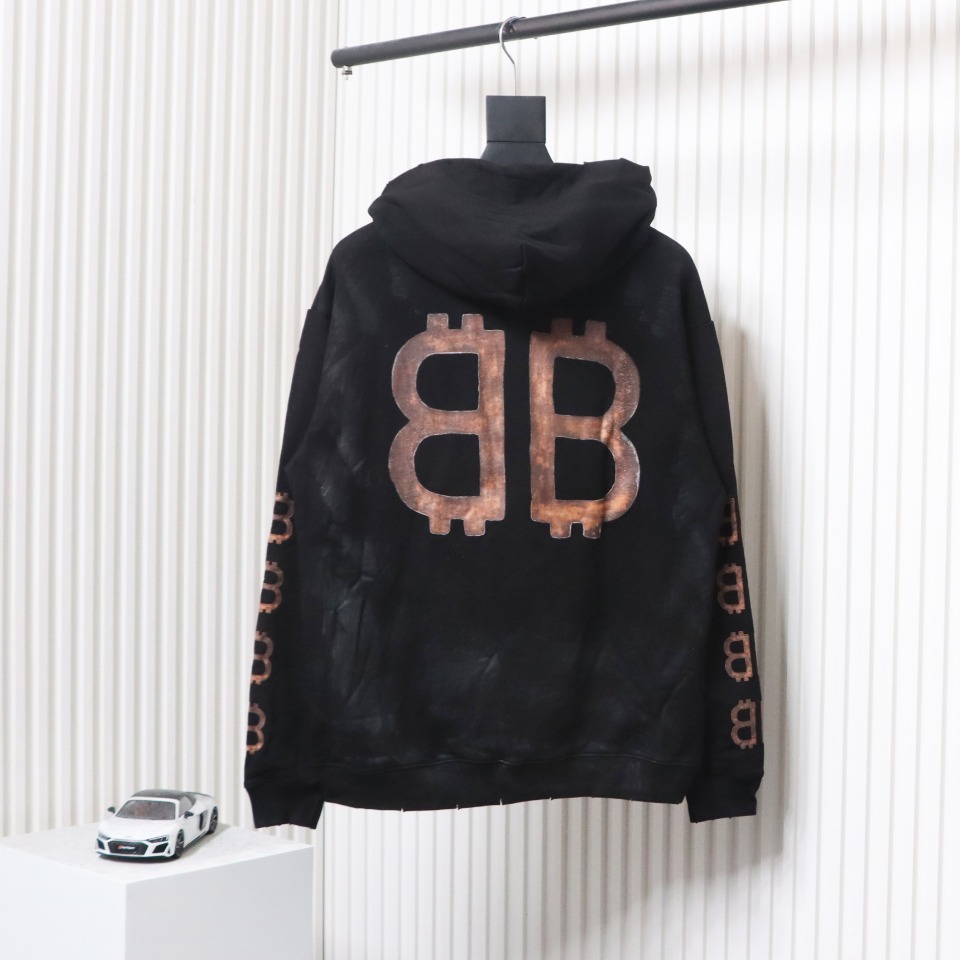Ba*len*cia*ga distressed washed mud-dyed double b hoodie black