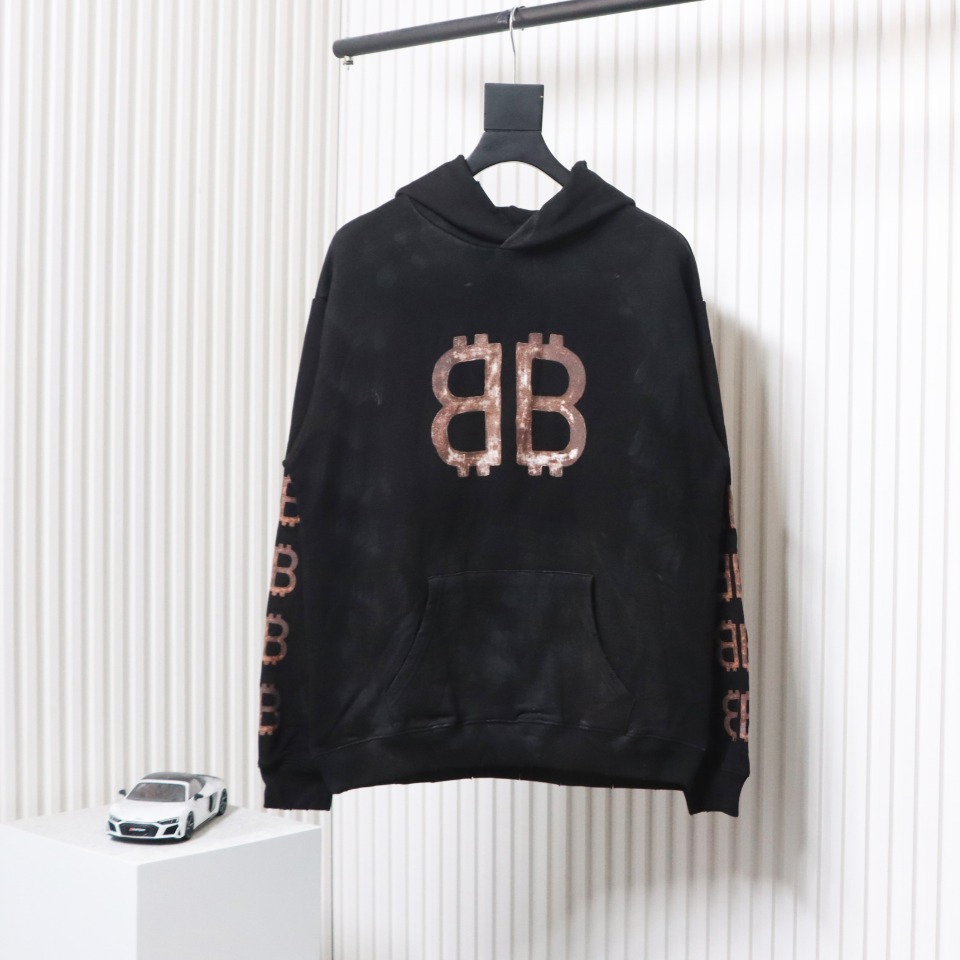 Ba*len*cia*ga distressed washed mud-dyed double b hoodie black