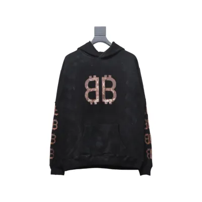 Balenciaga Distressed Washed Mud-Dyed Double B Hoodie Black 01