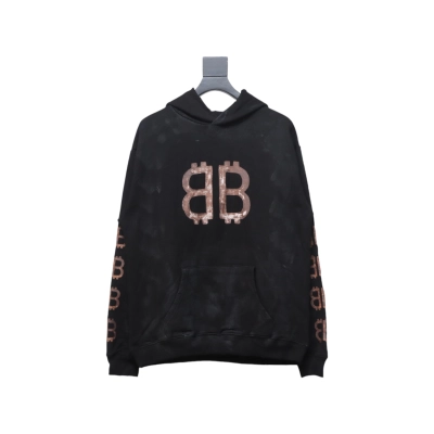 Balenciaga Distressed Washed Mud-Dyed Double B Hoodie Black 01