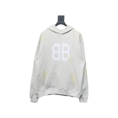 Balenciaga Distressed Washed Mud-Dyed Double B Hoodie White 01