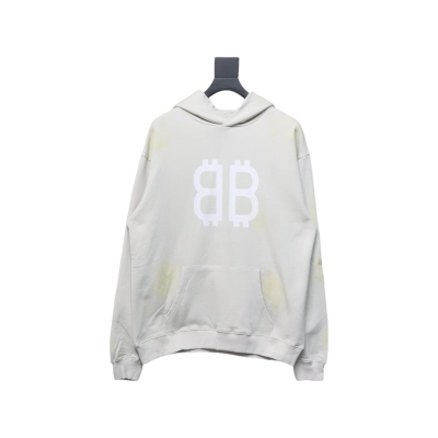Balenciaga Distressed Washed Mud-Dyed Double B Hoodie White 01