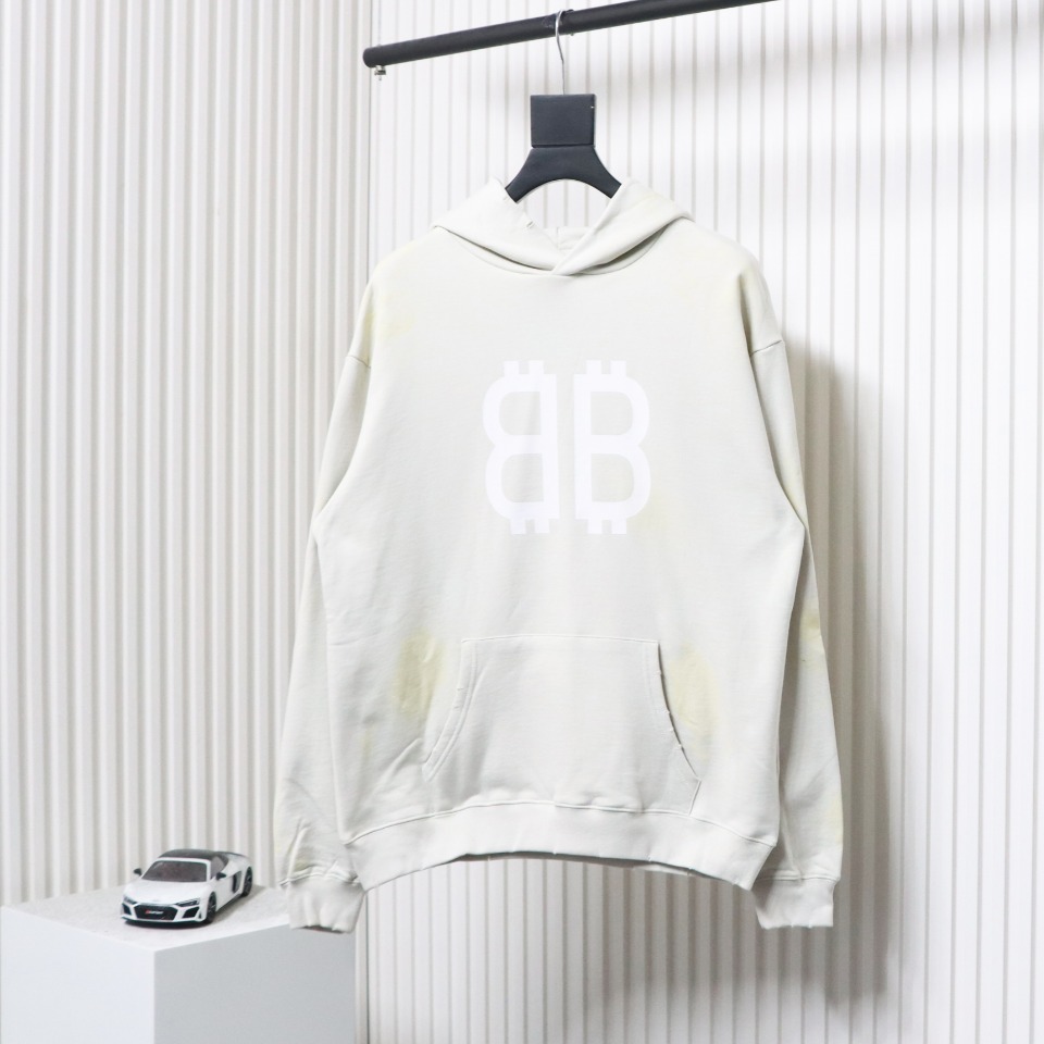 Ba*len*cia*ga distressed washed mud-dyed double b hoodie white