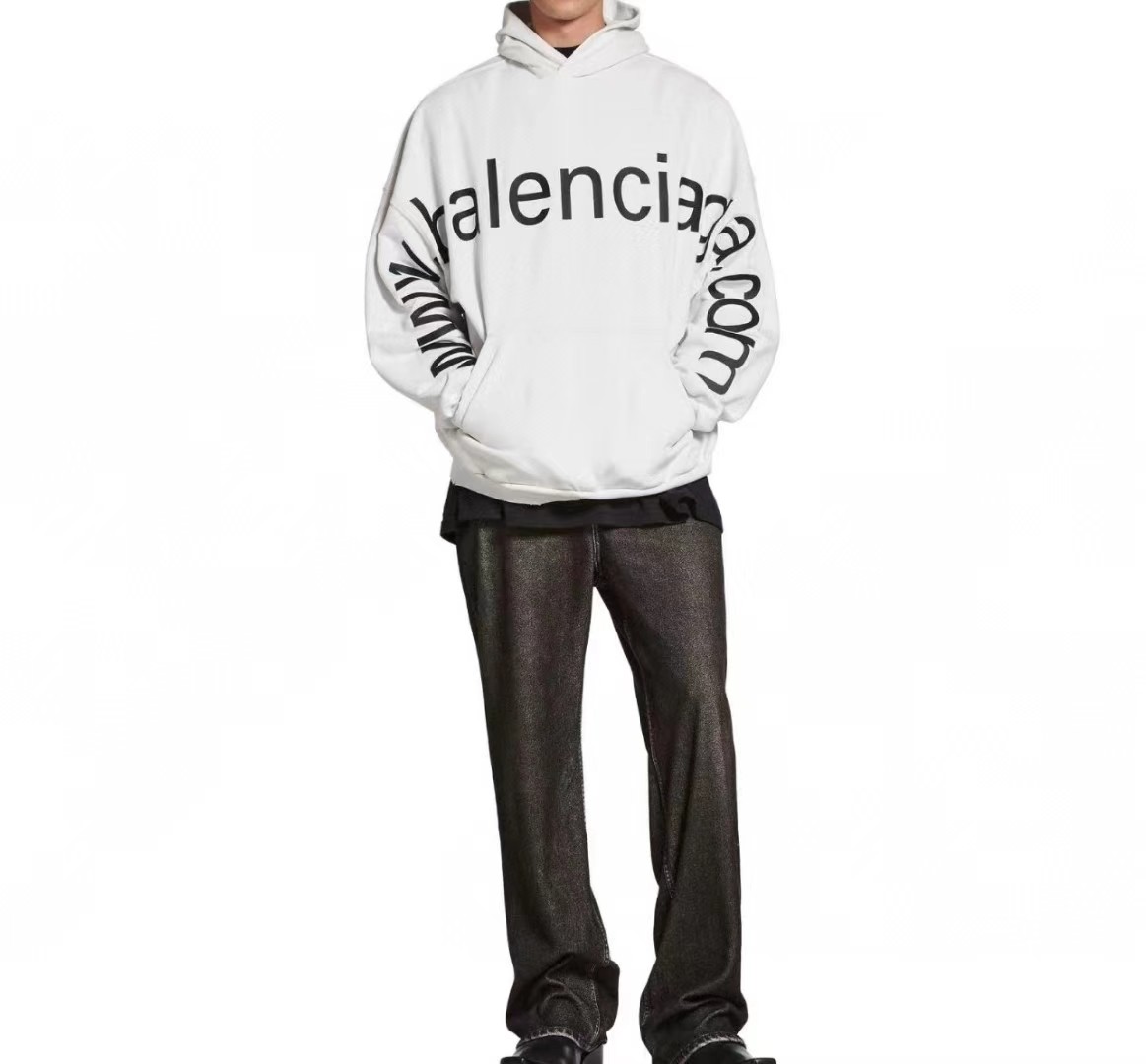 Ba*len*cia*ga hoodie with double arm logo on chest white