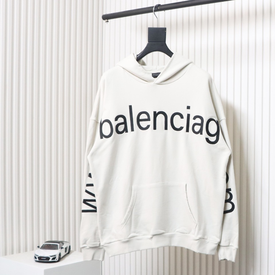 Ba*len*cia*ga hoodie with double arm logo on chest white