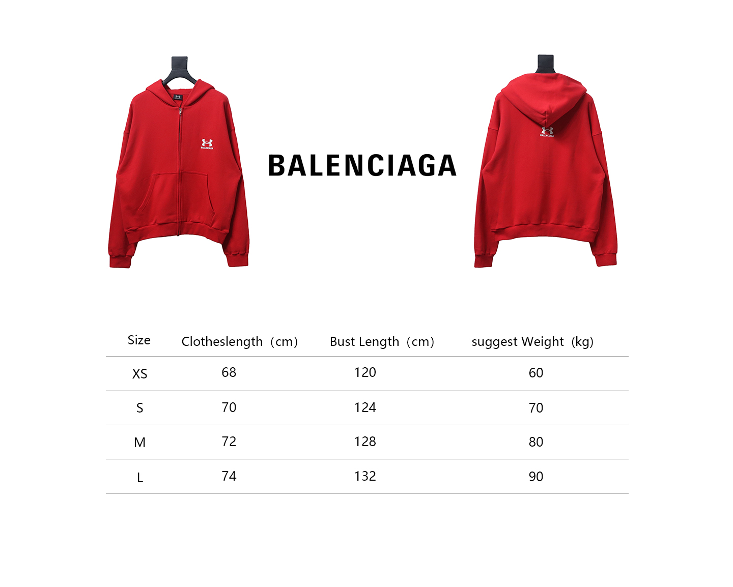 Ba*len*cia*ga x under armour front and back embroidered zip-up hoodie red