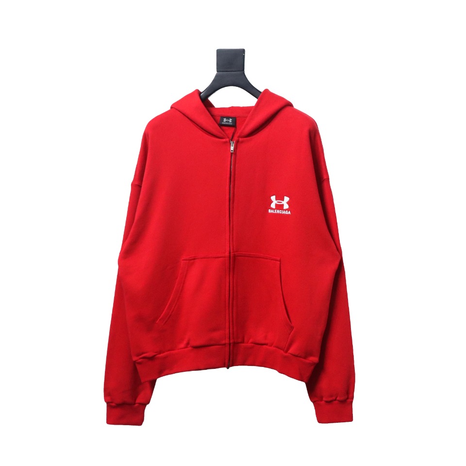 Ba*len*cia*ga x under armour front and back embroidered zip-up hoodie red