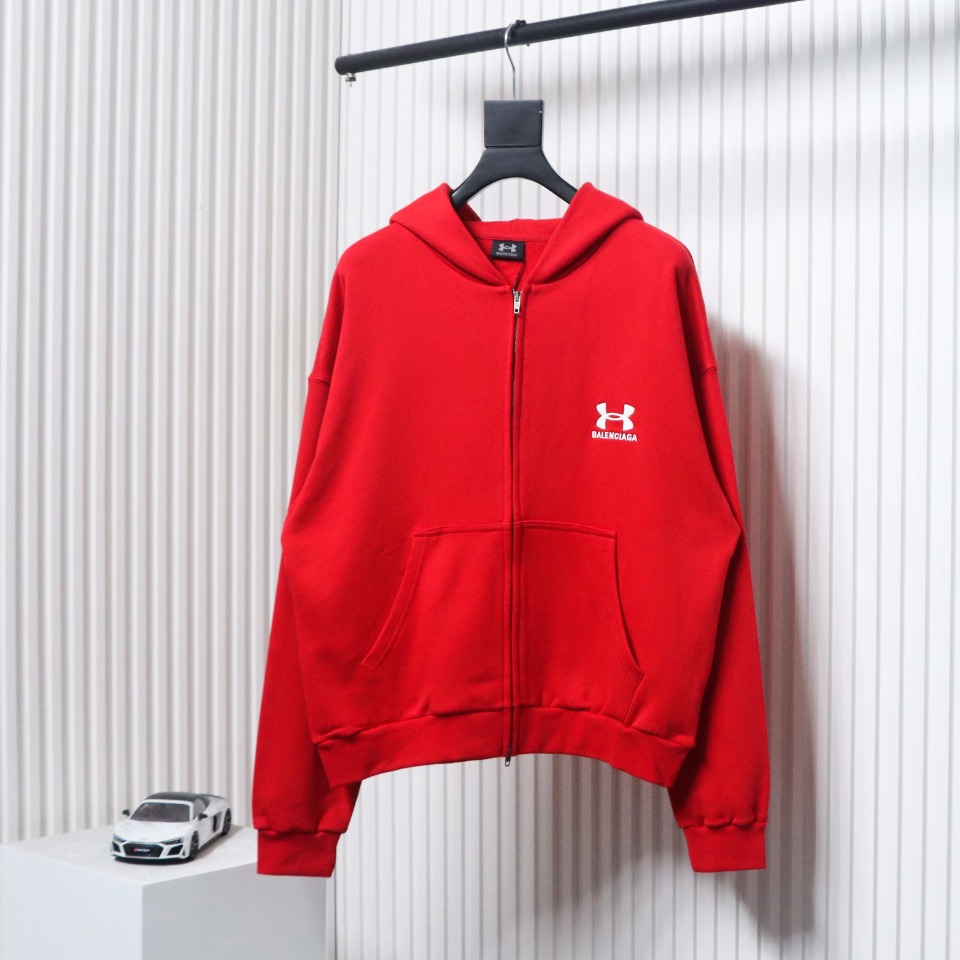 Ba*len*cia*ga x under armour front and back embroidered zip-up hoodie red