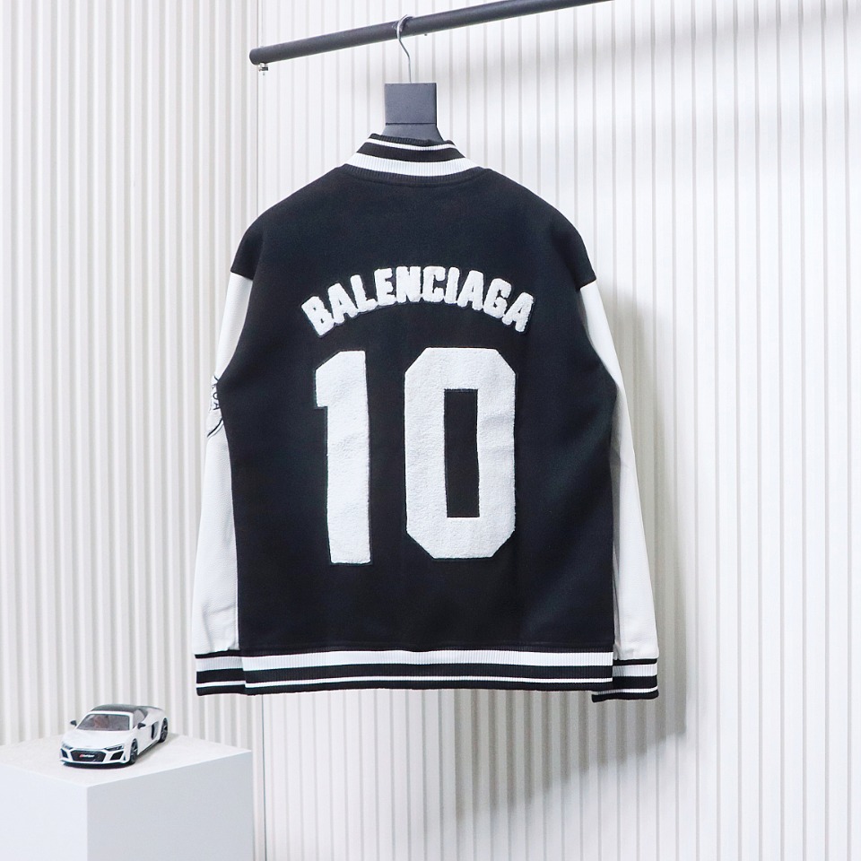 Balenciaga 22FW Towel Embroidery Leather Sleeves Baseball Jacket