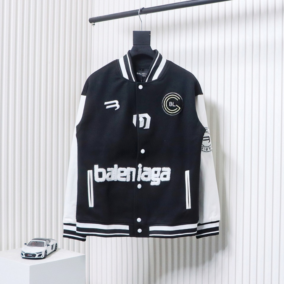 Balenciaga 22FW Towel Embroidery Leather Sleeves Baseball Jacket