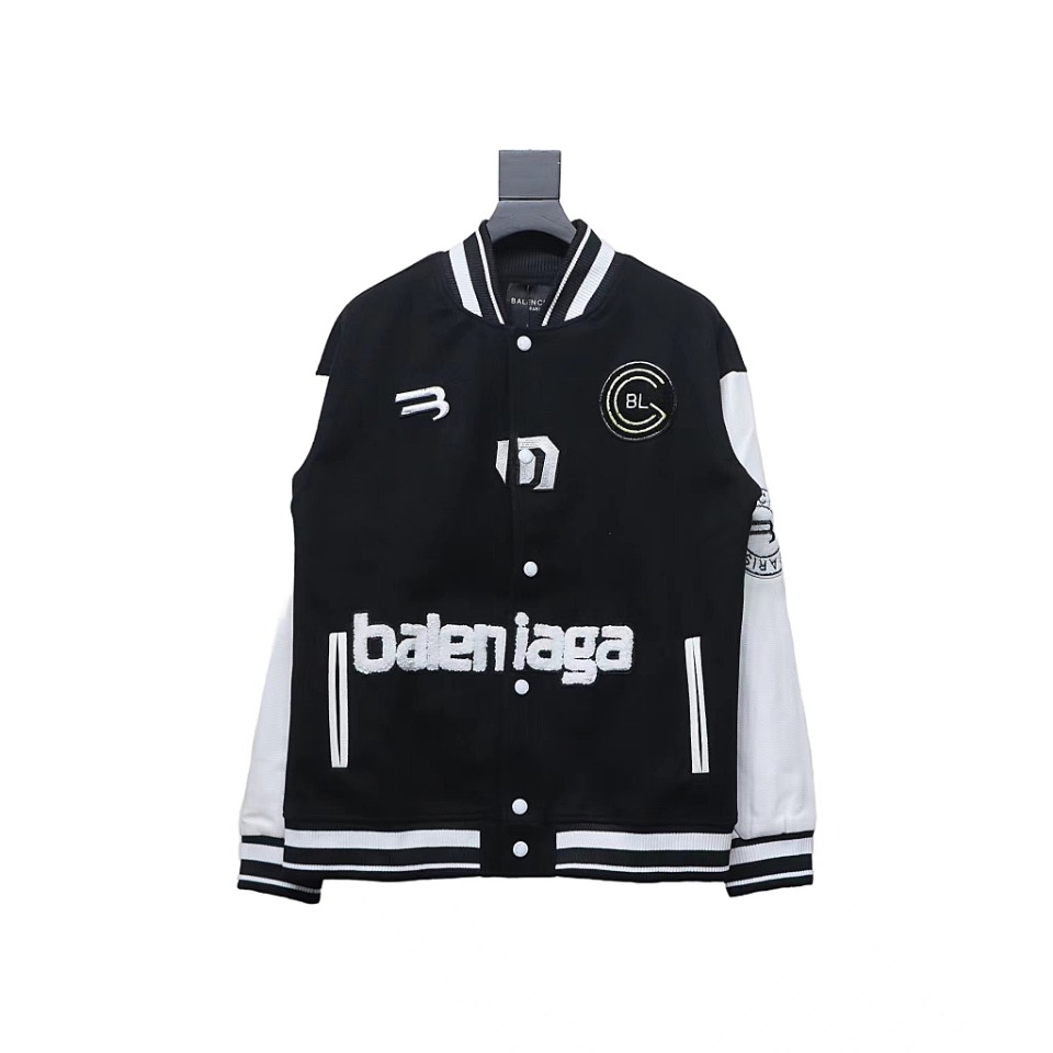 Balenciaga 22FW Towel Embroidery Leather Sleeves Baseball Jacket